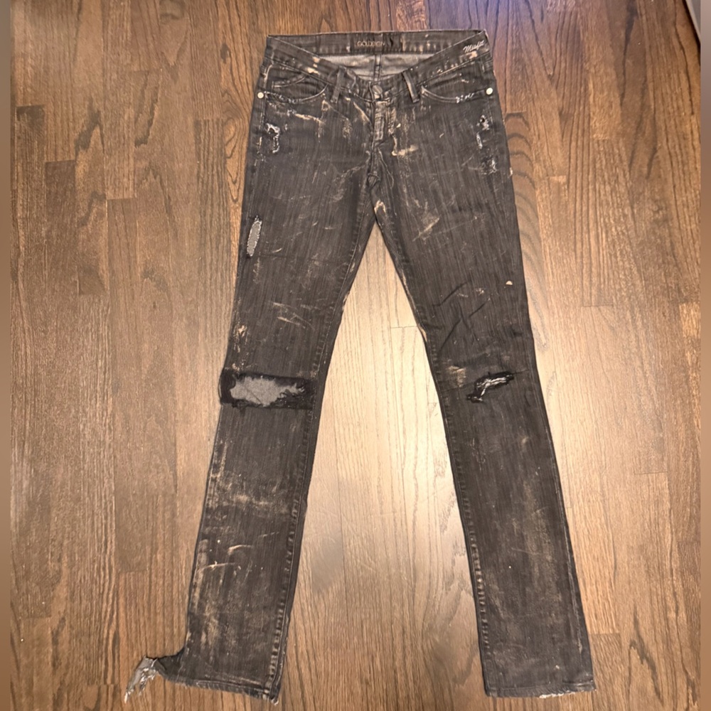 Goldsign Black Distressed Straight Leg Jeans, Ripped and Bleached, Tight Fit